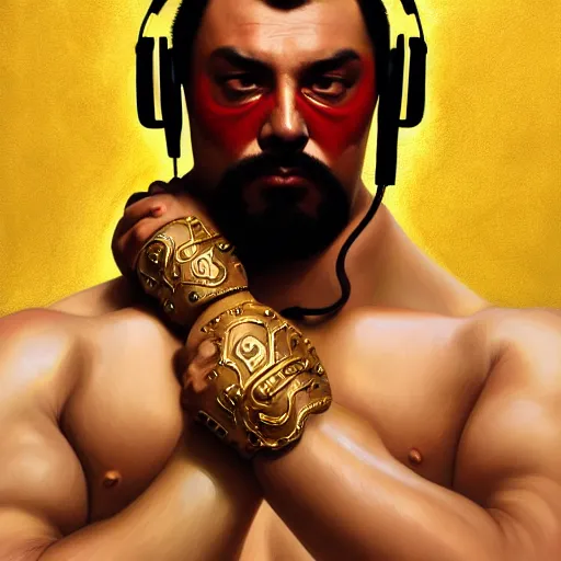 Image similar to portrait of lucha libre dj, muscular, headphones, thick golden ring around the neck, fantasy, intricate, elegant, highly detailed, digital painting, artstation, concept art, smooth, sharp focus, illustration, art by artgerm and greg rutkowski and alphonse mucha