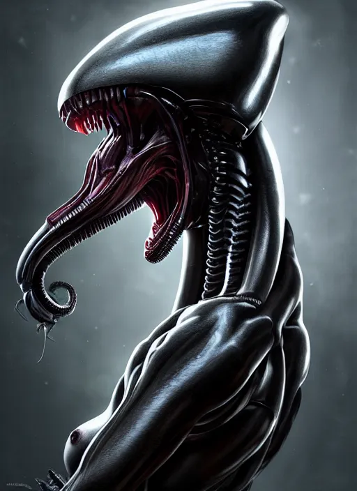 Image similar to xenomorph vogue portrait, artstation, cgsociety, dramatic studio lighting, very detailed, high contrast, intricate, detailed illustration, by artgerm and greg rutkowski and alphonse mucha, octane render, unreal engine, hyperrealism