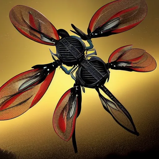 Image similar to giant mechanical dragonfly drone digital art, concept art, trending on art station