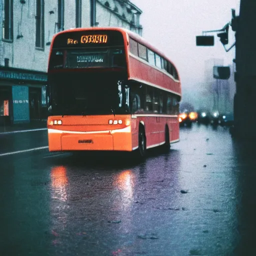 Image similar to 1990s perfect 8K HD professional cinematic photo of a bus in dystopian city, at evening during rain, at instagram, Behance, Adobe Lightroom, with instagram filters, depth of field, taken with polaroid kodak portra