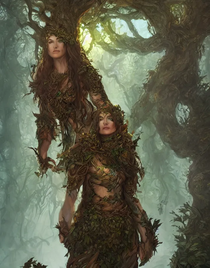 Image similar to a woman tree druid with leaf themed clothing, fully clothed, D&D, fantasy, intricate, cinematic lighting, highly detailed, digital painting, artstation, concept art, smooth, sharp focus, illustration, art by Justin Gerard