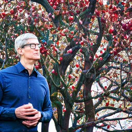 Prompt: tim cook eating an apple below an apple tree, cinematic digital art