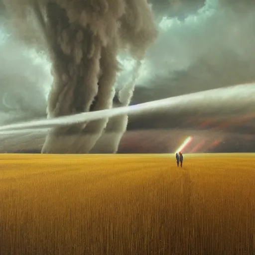 Prompt: a tornado in a field by Adam Wyeth, stormy weather, extremely detailed masterpiece, oil on canvas, low-key neon lighting, artstation, Blade Runner 2049, Roger Deakin’s cinematography, by J. C. Leyendecker and Peter Paul Rubens,