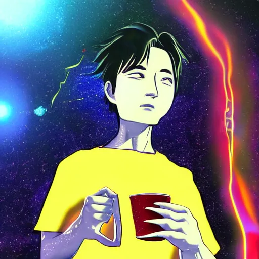 Image similar to A man drinking a cup of cosmic energy bright light by Park Sung-woo Red Ice, 4k, digital art, surreal, anime style,