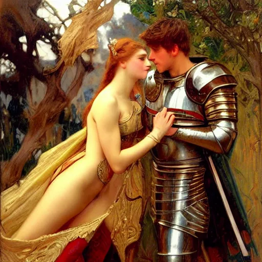 Image similar to attractive fully clothed arthur pendragon confesses his love for his attractive fully clothed male knight. highly detailed painting by gaston bussiere and j. c. leyendecker 8 k