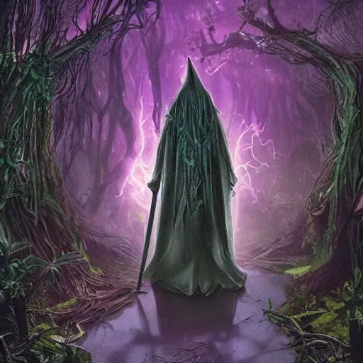 Image similar to a wizard walking towards a ravenous, ominous portal to hades embedded in a creepy tree in a densely overgrown, magical jungle, fantasy, dreamlike sunraise, stopped in time, dreamlike light incidence, ultra realistic