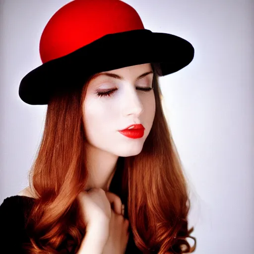 Image similar to beauty photographic portrait of half - length portrait of stunning girl in a red hat and black dress, kodak portra 4 0 0, 8 k, soft light, volumetric lighting, highly detailed,,