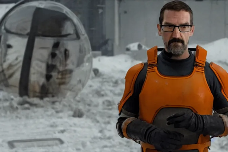 Image similar to vfx movie closeup real life gordon freeman holding wearing futuristic armor, half life logo on chest, crowbar in russian train yard by emmanuel lubezki