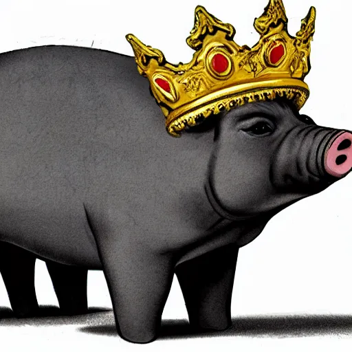 Prompt: concept sketch of a pig wearing a gold crown 1940s cartoon, super realistic, 8k