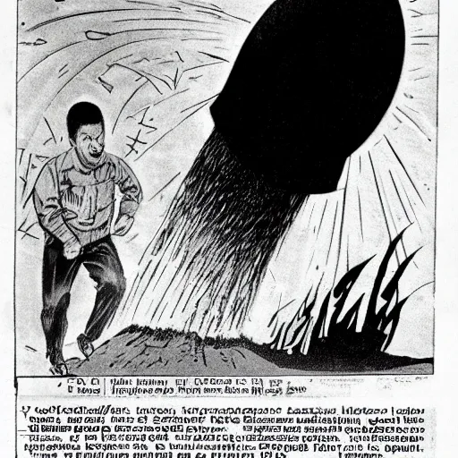 Prompt: a frightened funny ukrainian is trying to escape, badly injured from radiation from a huge nuclear explosion, a nuclear missile flies right at him