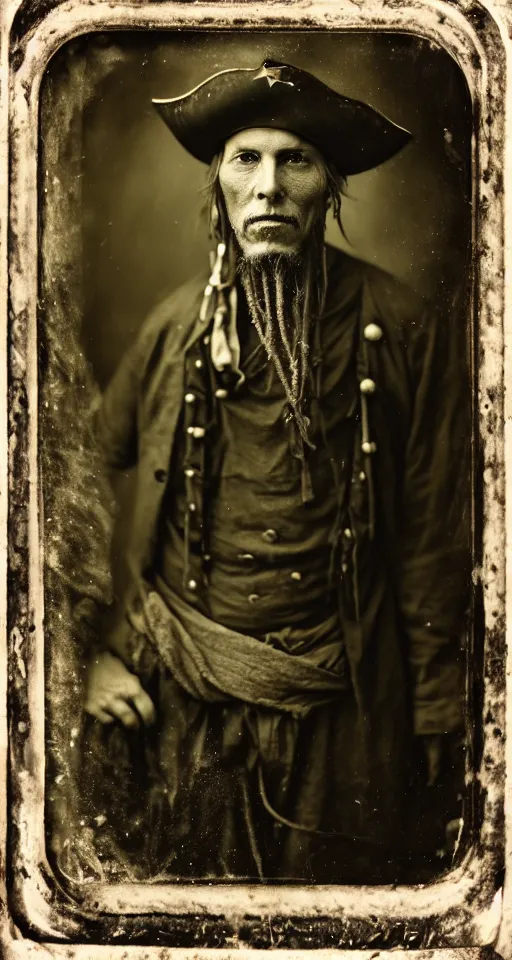 Image similar to a wet plate photograph, a portrait of an old pirate