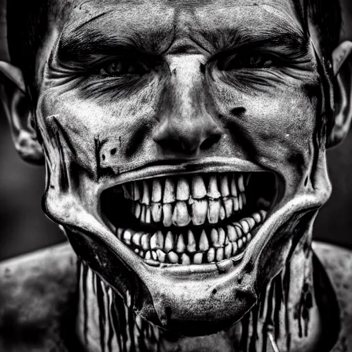 Image similar to uncanny disturbing black and white photo of a man with sharp teeth and half of his face missing revealing a bloody skull, missing poster, gory, bloody, scary, realistic