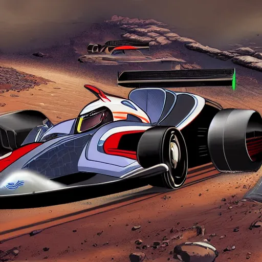 Image similar to mars gp 2 0 7 0. sci - fi, futuristic, landscape, racing track, illustration, drawing