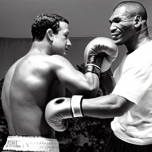 Prompt: Mark Zuckerberg fighting with Mike Tyson, boxing photo, 1960s, black and white