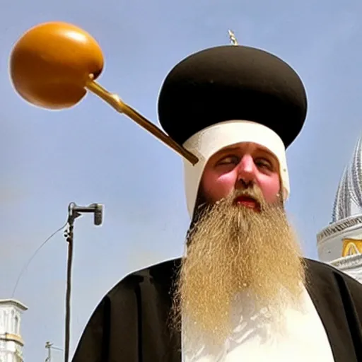 Image similar to orthodox patriarkh is wearing tall burger hat, real TV footage,