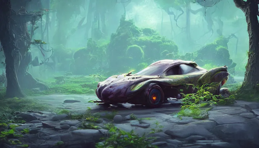 Image similar to A fancy alien car abandoned on a magical biome of full of oddities, slimy plants and trees, goofy, sparky, positive vibes, behance, artstation, unreal render, unreal engine 5, octane, smooth, 8k