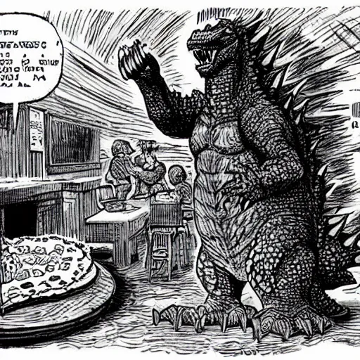 Image similar to godzilla eating pizza in a torture chamber,