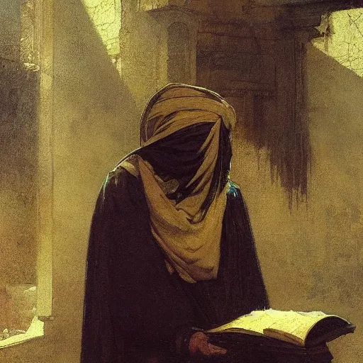 Prompt: half portait of magican wearing a closed cowl with big old book!, jeremy mann, jean leon gerome, tiepolo, alphonse mucha, greg rutkowski, face in the shadows, ( ( ruins of ancient rome ) ), at dusk, mysterious atmosphere, sunrays, dof, masterpiece, high detailed, 8 k