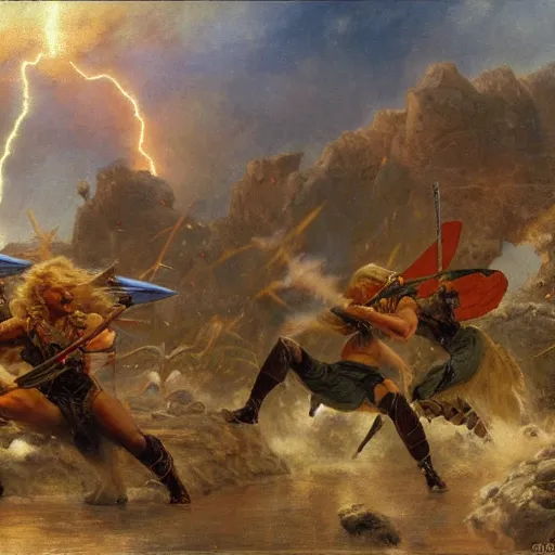 Image similar to a man with blonde hair shooting lightning bolts at his enemy in battle. detailed matte painting. masterpiece. 4 k. fantasy art. by gaston bussiere. derek zabrocki. ralph mcquarrie.