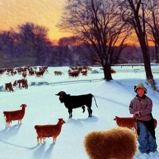 Prompt: feeding the animals at sunrise, dog, cows, sheep, chickens, ducks,, 4 k, ranch the morning after a light snowfall, by bob ross and norman rockwell