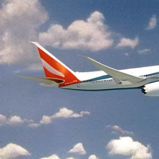 Prompt: vhs footage of a boeing 787 flying overhead