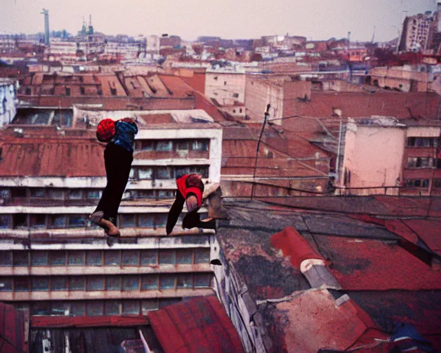 Image similar to lomo photo of roofjumpers climbing on roof of soviet hrushevka, small town, cinestill, bokeh, out of focus