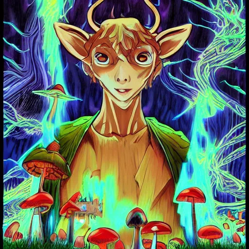 Image similar to anime 4 k headshot portrait of a psychedelic demonic anthropomorphic deer with mushroom themed clothes, magic mushroom village in background by jeff easley, award winning, stylized neon, post - processing, masterpiece, superb resolution. in the art style of junji ito and greg rutkowski. detailed mushroom city in background. hyper realistic anime. perfect art. dalle 2