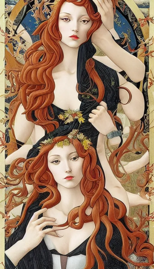 Image similar to the 12 months of the year as 12 figures, (3 are Winter, 3 are Spring, 3 are Summer and 3 are Autumn), in a mixed style of Botticelli and Æon Flux!!, inspired by pre-raphaelite paintings and shoujo manga, stunningly detailed, stunning inking lines, flat colors, 4K photorealistic