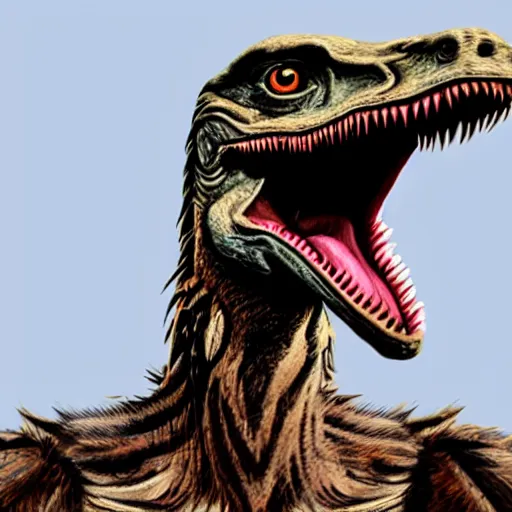 Image similar to a photograph of a velociraptor with feathers