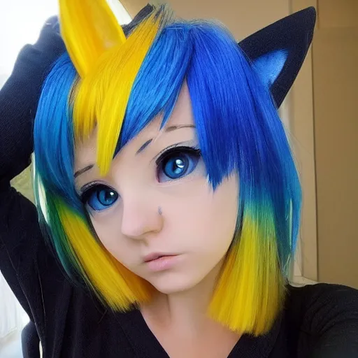 Prompt: anime cat girl with yellow hair and blue eyes