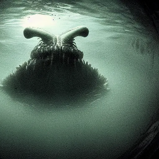 Image similar to sea monster about to eat pov underwater, pale skin, dark yellowish water, foggy water, dark, dramatic,'silent hill ', big eyes, alluring and terrifying, cinematic