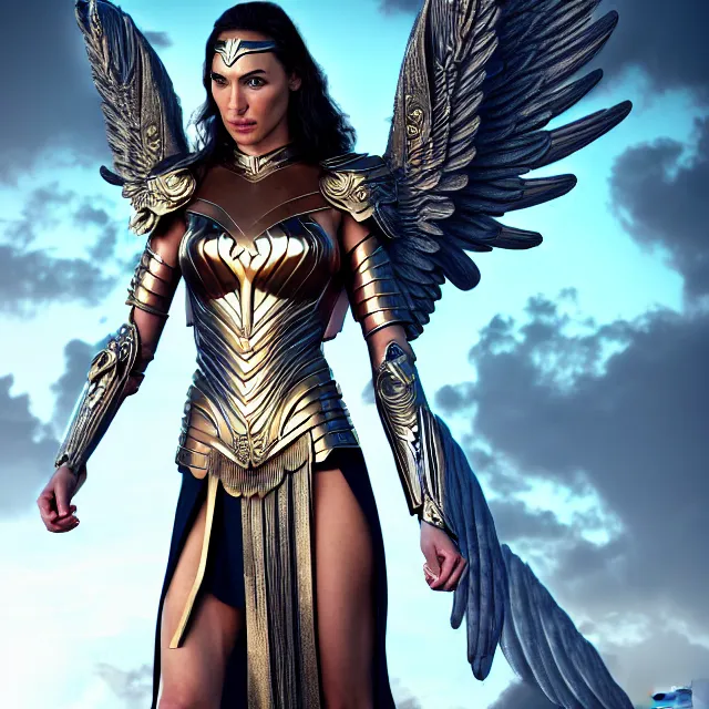 Image similar to beautiful angel warrior queen gal gadot in futuristic seraphim angelic intricate body sculpted cosmic armor and flowey ornate robes, highly detailed, 8 k, hdr, award - winning, trending on artstation, ann stokes