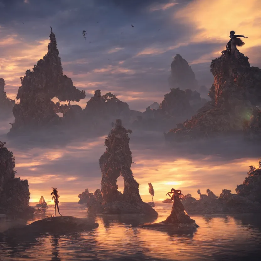 Image similar to unreal engine render, floating islands with beautiful women in foreground, cinematic, sunset, fantasy, 8 k, trending on artstation