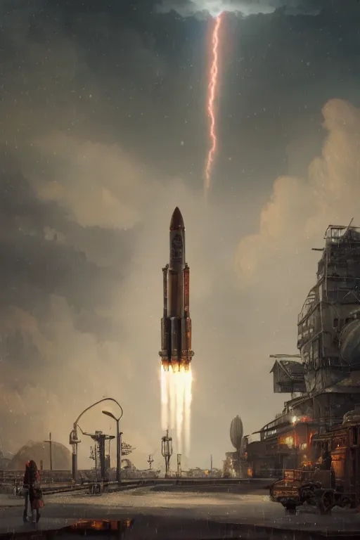 Image similar to a highly detailed matte painting of a soviet steampunk rocket launch in lightning storm and heavy rain by studio ghibli, makoto shinkai, by artgerm, by wlop, by greg rutkowski, volumetric lighting, octane render, 4 k resolution, trending on artstation, masterpiece