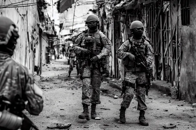 Image similar to Mercenary Special Forces soldiers in grey uniforms with black armored vest and black helmets in urban warfare in Cambodia 2022, Canon EOS R3, f/1.4, ISO 200, 1/160s, 8K, RAW, unedited, symmetrical balance, in-frame, combat photography