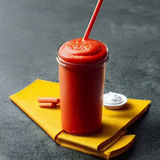 Prompt: photo of a ketchup and mustard milkshake, award winning, 4 k