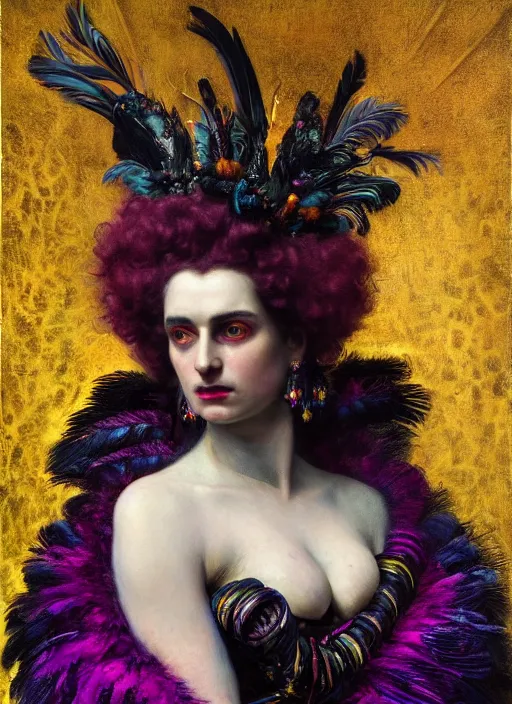 Image similar to highly detailed oil painting | very intricate | cinematic lighting | black, magenta and turquoise color scheme, dark background | the queen of heaven by jake hicks, dressed in feathers | by roberto ferri, by gustav moreau, by singer sargent and klimt, american romanticism, occult art | by austin osman spare, artstation, cgsociety, official art, octane