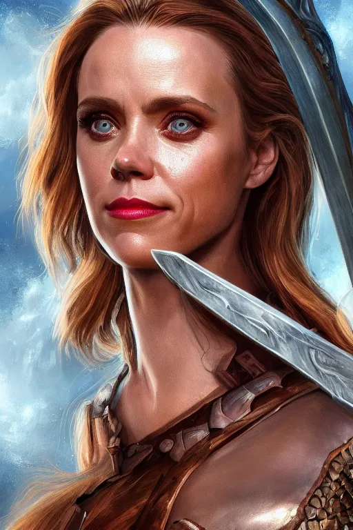 Image similar to A fantasy comic book style portrait painting of, hybrid of Rachel McAdams, Amy Adams, as an Atlantean, Reptilian Warrior, Mystical Valkyrie, Armor, Sword, Archer Bow, Spear, Sheild, François Boucher, Oil Painting, unreal 5, DAZ, hyperrealistic, octane render, Regal, Refined, Coherent, Detailed Digital Art, RPG portrait, William-Adolphe Bouguereau, Michael Cheval, Walt Disney (1937), Steampunk, dynamic lighting, Highly Detailed, Cinematic Lighting, Unreal Engine, 8k, HD