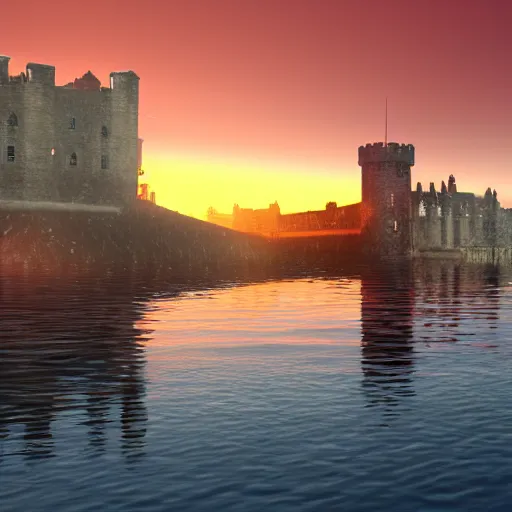 Prompt: underwater Edinburgh Castle, deep underwater, sunset, concept art in style of Greg Rutkowki, dynamic lighting, 4k, very highly detailed