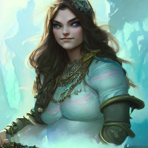 Image similar to cute female ogre, deep focus, d & d, fantasy, intricate, elegant, highly detailed, digital painting, artstation, concept art, matte, sharp focus, illustration, hearthstone, art by artgerm and greg rutkowski and alphonse mucha