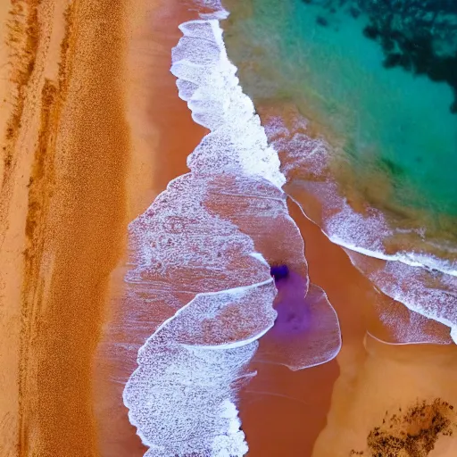 Prompt: Arial shot of a beach with orange sand and a sea of purple