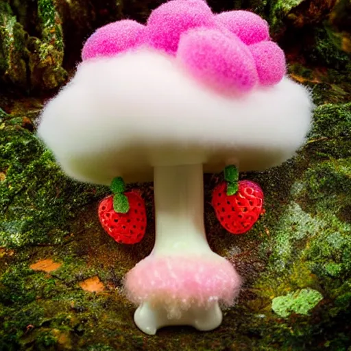 Prompt: an aesthetically pleasing fluffy fuzzy curly furred strawberry cow in a cottagecore mushroom filled forest with a tiny green frog sitting on a toadstool, pink fog, glitter, sparkles and shimmers, ambient occlusion, God rays, national goegraphic