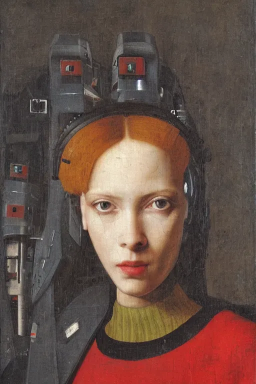 Image similar to a close - up portrait of a cyberpunk cyborg girl, by jan van eyck, rule of thirds