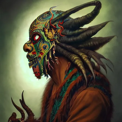 Prompt: side profile of barong family member, wiwek, mara demon, one single tribe member, jungle, one single mask, dark, voodoo, witch doctor, tribal, inner glow, paint by peter mohrbacher