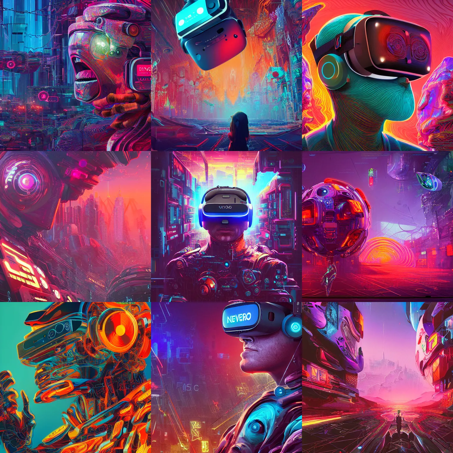 Prompt: neosvr!!!, the price of ncr, virtual reality metaverse engine, collaborative, warm, welcoming, by android jones, by dan mumford, by sam spratt, unity render, 8 k, uhd, trending on artstation, furry, anime, robot, cyberpunk, synthwave, darksynth