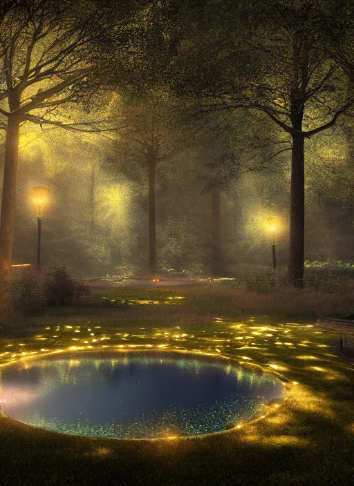 Prompt: photography at night of an ethereal pond with a central sunlight glare, mystical, cyber lights, masterpiece, epic, cinematic, hyperealistic, high detailed, corona render, hdr, ray tracing