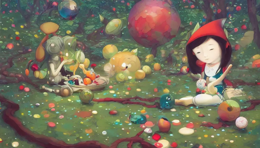 Image similar to an elf eating fruit in the woods y by takashi murakami,, beeple and james jean, aya takano color style, 4 k, super detailed, night sky, digital art, digital painting, celestial, majestic, colorful