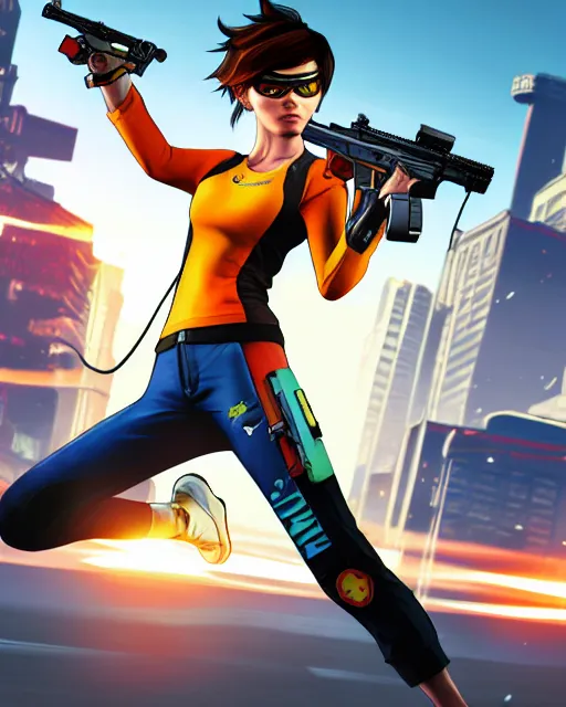 Image similar to gta 5, grand theft auto 5 cover art of tracer from overwatch