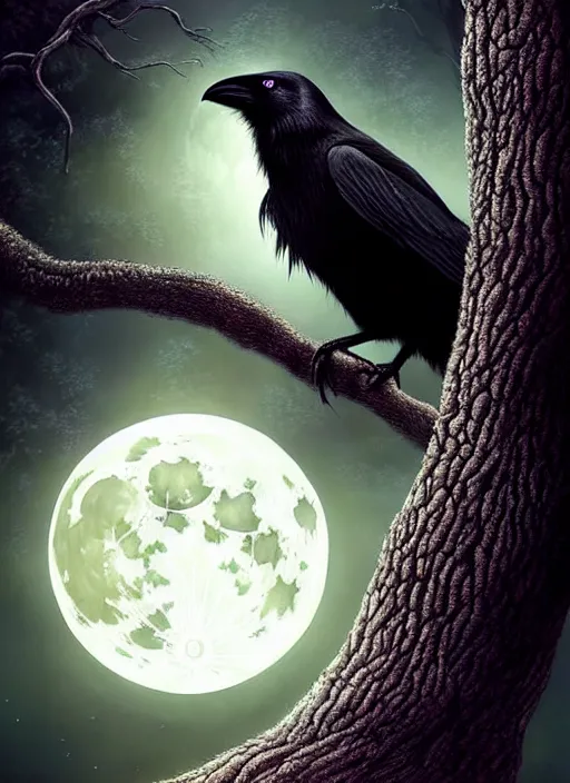 Image similar to side portrait dark crow on tree in front of the full big moon, fine art, awesome fantasy book cover on Pinterest, award winning, fantasy forest landscape, fantasy magic, dark golden light night, intricate, elegant, sharp focus, illustration, highly detailed, digital painting, concept art, matte, art by WLOP and Artgerm and Greg Rutkowski, masterpiece, trending on artstation