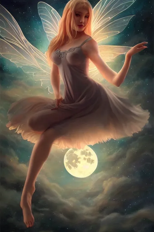 Image similar to attractive fairy magically floating high in the night, fantasy, full moon in background. highly detailed painting by artgerm, mid shot, 8 k